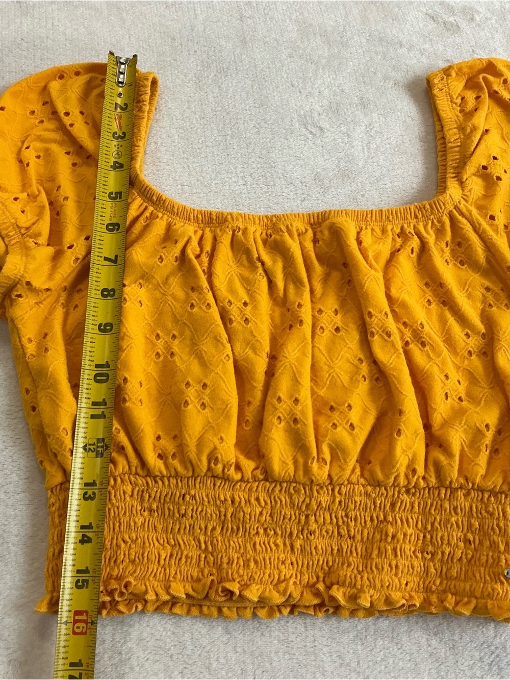 Hollister Smocked Waist Eyelet Embroidery Top Medium - Mustard Puff Sleeve - Picture 7 of 10